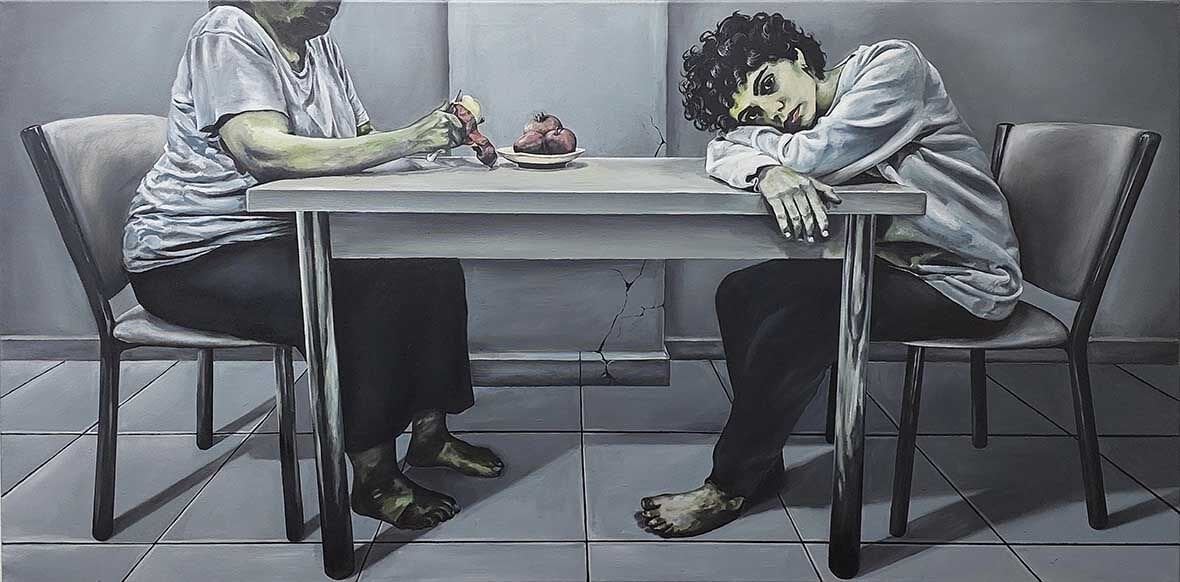 Hesaplaşma, 2024, tuval üzerine yağlı boya, 75x150 cm.