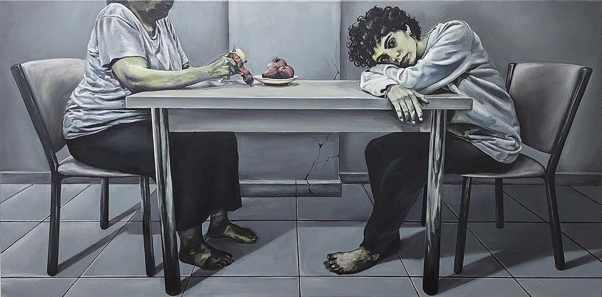 Hesaplaşma, 2024, tuval üzerine yağlı boya, 75x150 cm.