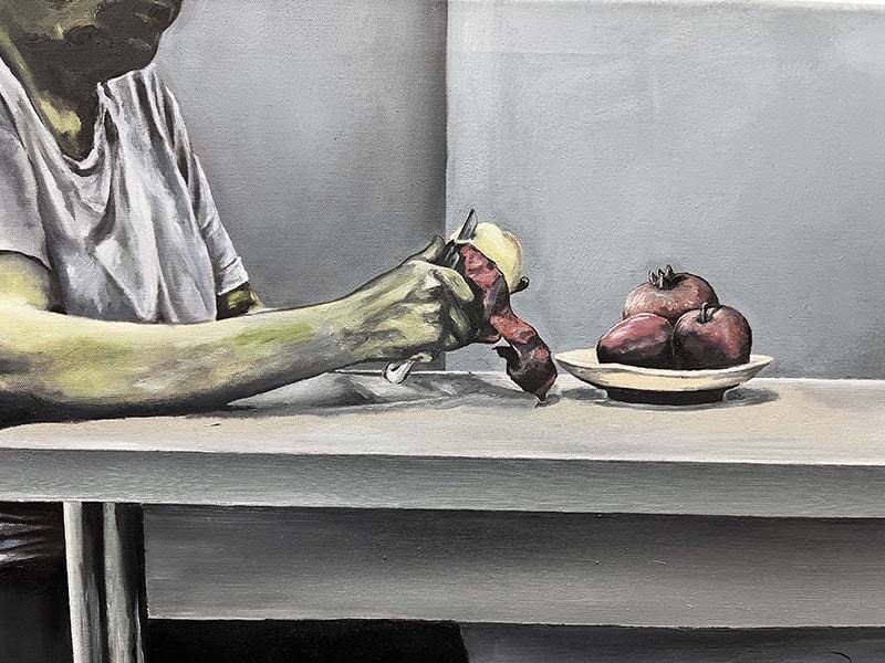 Hesaplaşma, 2024, tuval üzerine yağlı boya, 75x150 cm.