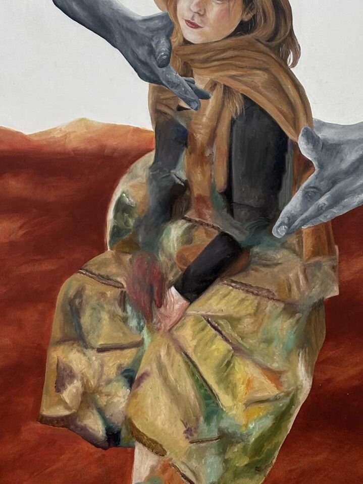Düşüncesizce, 2025, tuval üzerine karışık teknik, 100x130 cm.